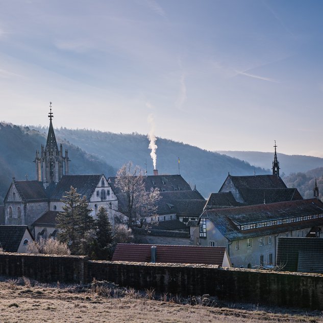 Ausblick auf das Kloster Bebenhausen bei winterlicher Stimmung im Sonnenlicht.